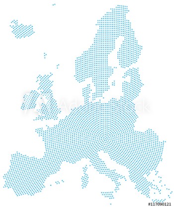 Picture of Europe map radial dot pattern Blue dots going from the center outwards and form the silhouette of the European Union area Illustration on white background